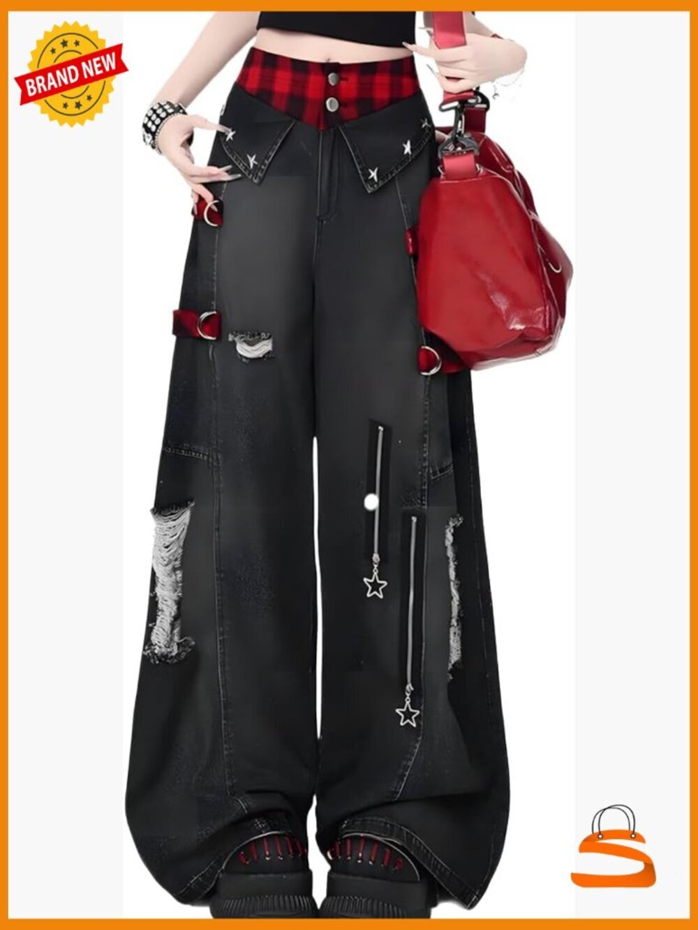 Gothic Y2K Punk High Waist Wide Leg Jeans with Patchwork Stars